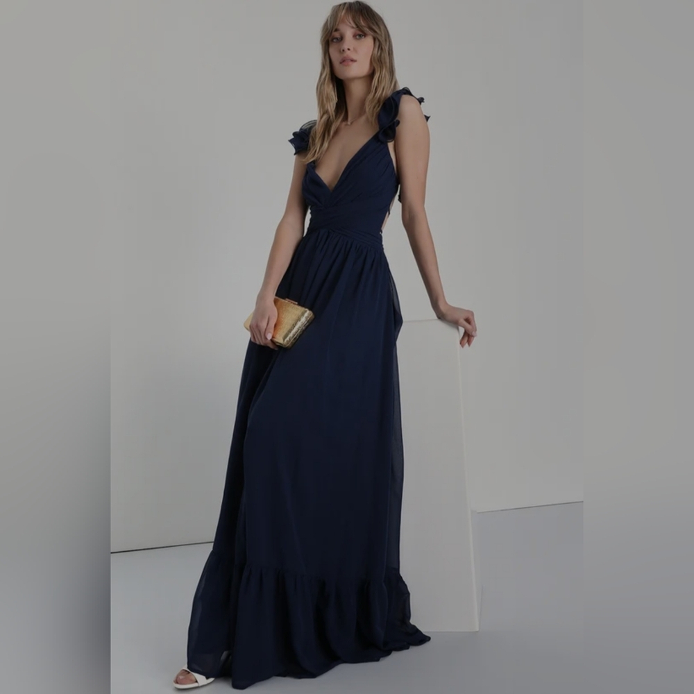 Lulus | Soiree Celebration Navy Blue Ruffled Lace-Up Maxi Dress | Size L